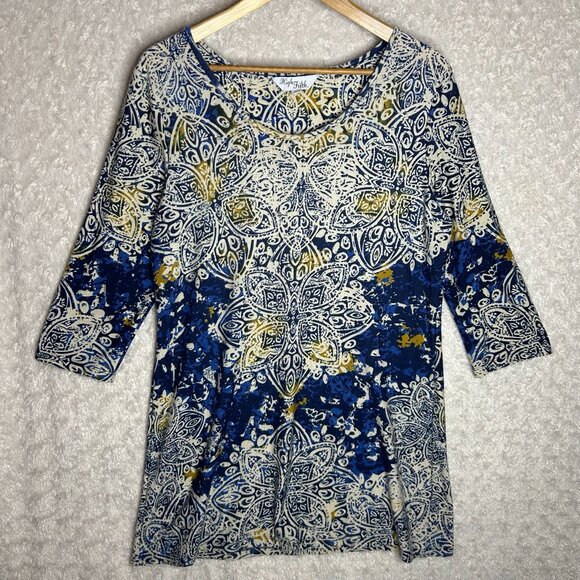 High Fifth Women’s Large Top Blue Yellow and White Boho Blouse with Half Sleeves - Picture 1 of 6